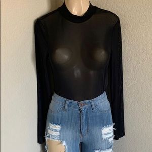 Plus Size Long Sleeve Blk Sheer Bodysuit